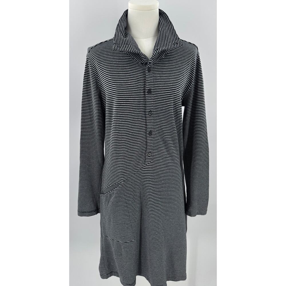 Nau Black White Stripe Dress Hemp Blend Button Down Shirtdress Medium